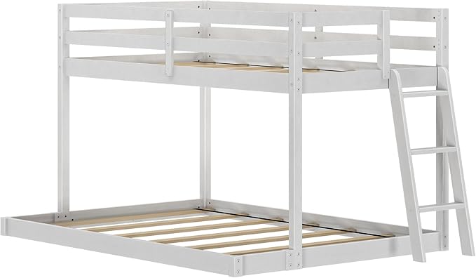Grain & Grove Bear Twin Over Full Bunk Bed, Low Bunk Bed Frame for Kids, Bunk with Ladder, Guardrail, and Slats, No Box Spring Required, Brushed White