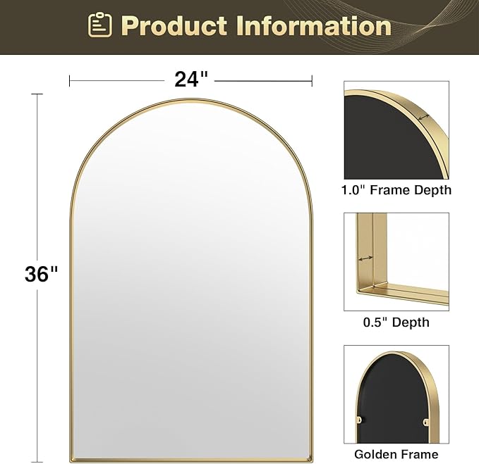 Brightify Arched Mirror, 24 x 36 Inch Gold Arch Mirror, Metal Frame Gold Arched Wall Mirror, Arched Top Bathroom Vanity Mirror for Living Room Bedroom Mantle Entryway Hallways