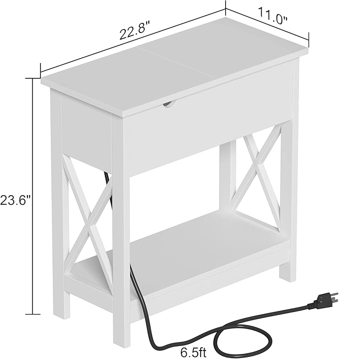 ChooChoo End Table with Charging Station, Narrow Flip Top Side Table with USB Ports & Power Outlets for Small Spaces, Nightstand Sofa Table for Living Room, Bedroom, White, 2 Pack