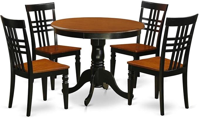 East West Furniture ANLG5-BCH-W 5 Piece Modern Dining Table Set Includes a Round Kitchen Table with Pedestal and 4 Kitchen Dining Chairs, 36x36 Inch, Black & Cherry