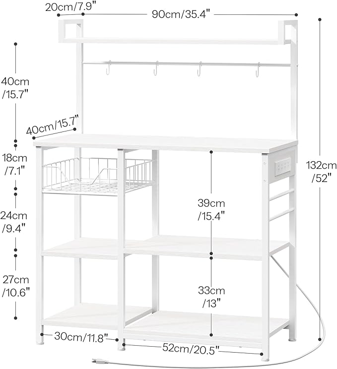 HOOBRO Bakers Rack with Power Outlet, 35.4 Inches Coffee Bar with Mesh Basket, Microwave Stand with 4 S-Shaped Hooks, Kitchen Bakers Rack with Storage, Easy to Assemble, White WT05HB01