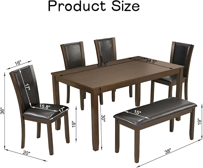 Dining Table Set for 5, 6-Piece Kitchen Table & Chairs Set with Rectangular Table, Bench & 4 Upholstered Chairs, 58'' Dinner Set with Rubber Wood Legs & Curved Backrest for Kitchen, Walnut