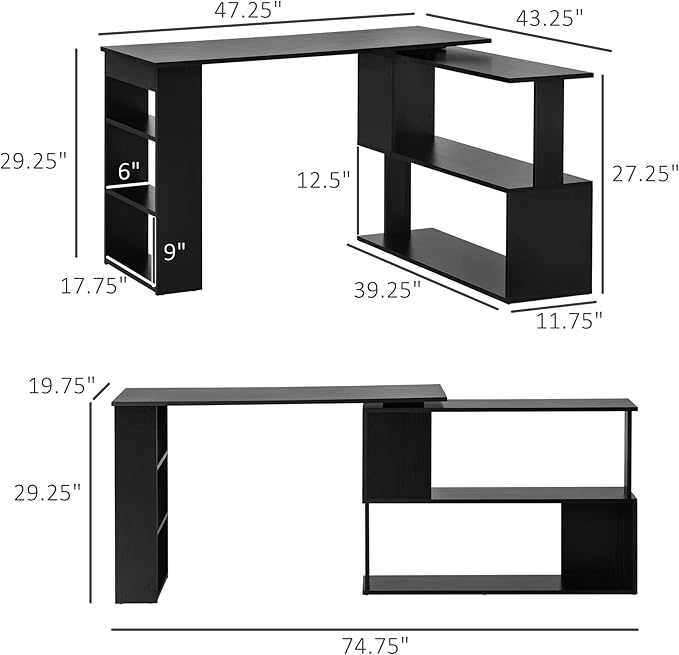 HOMCOM L Shaped Desk, Corner Computer Desk, 360 Degree Rotating Home Office Desk with Storage Shelves, Writing Table Workstation, Black
