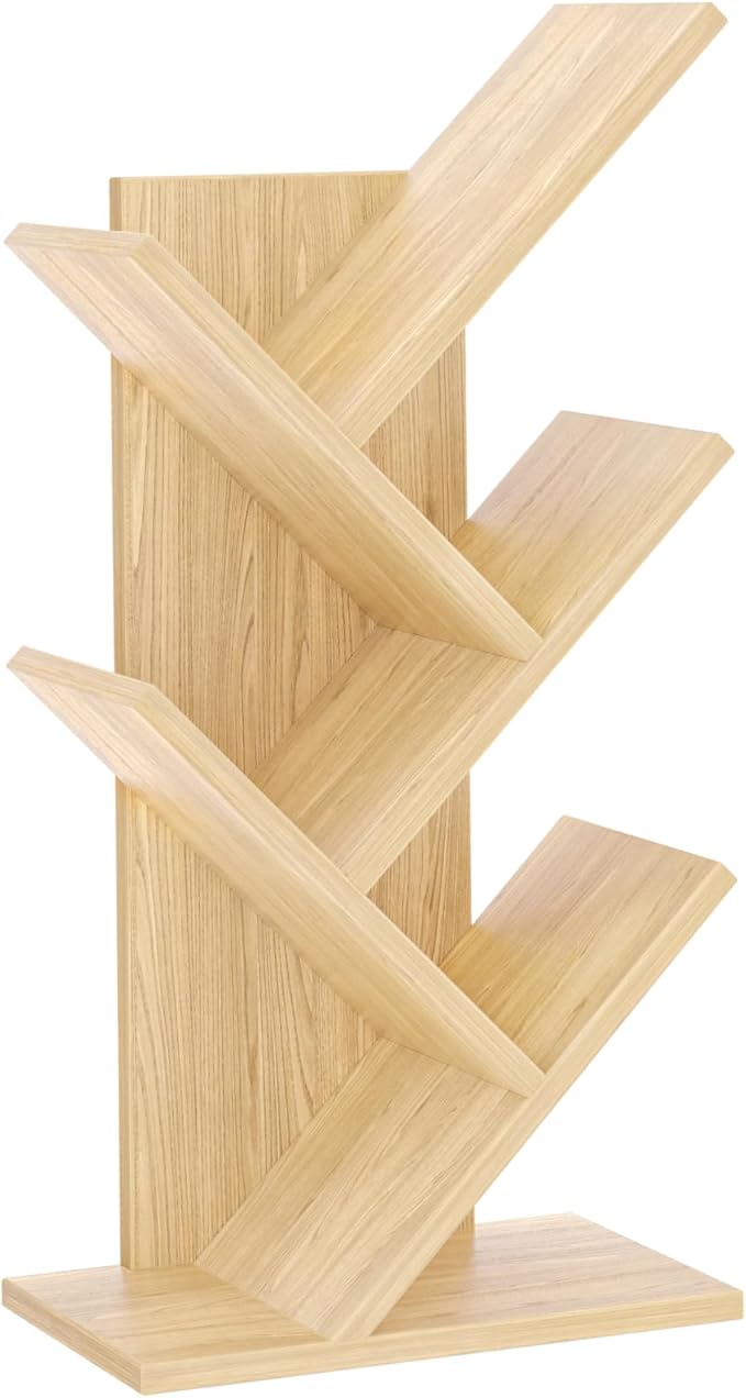 5 Tier Tree Book Shelf, Small Desktop Bookshelf with Storage Organizer, Wood Bookcase, Desk Display Bookshelves, Floor Standing Organizer Bookcases for Living Room,Bedroom,Office-Natural