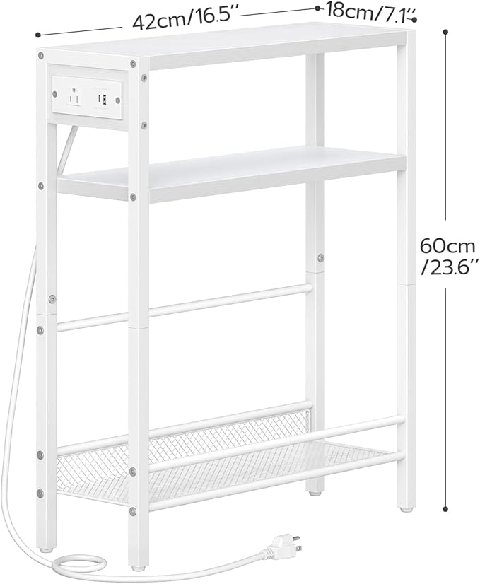 HOOBRO Small Narrow Side Table with Charging Station, Skinny End Table for Small Spaces, Slim Nightstand with USB Ports Outlet, Sofa Beside Table with Storage Shelf, White WT102UBZ01