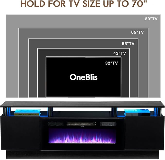 70" TV Stand for Living Room, Modern Entertainment Center & Media Console, Fits TVs up to 80", Storage Cabinet with Shelves, 36" Electric Fireplace with LED Flame (All Black)