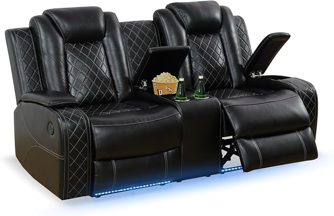 Nicbex PU Leather Power Wall Hugger Chair Double Reclining Sectional Sofa 2-Seater Loveseat Couch with Center Storage Console, USB Port, Cup Holders and Ambient LED Light for Living Room RV Theater