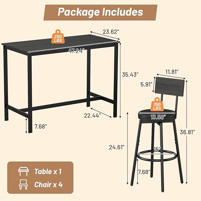 Dining Table Set for 4, 5-Piece Bar Table Set, Kitchen Table and Chairs, Counter Height High Top Table with 4 PU Upholstered Stools, Space-Saving Pub Tables Set for Small Space, Black