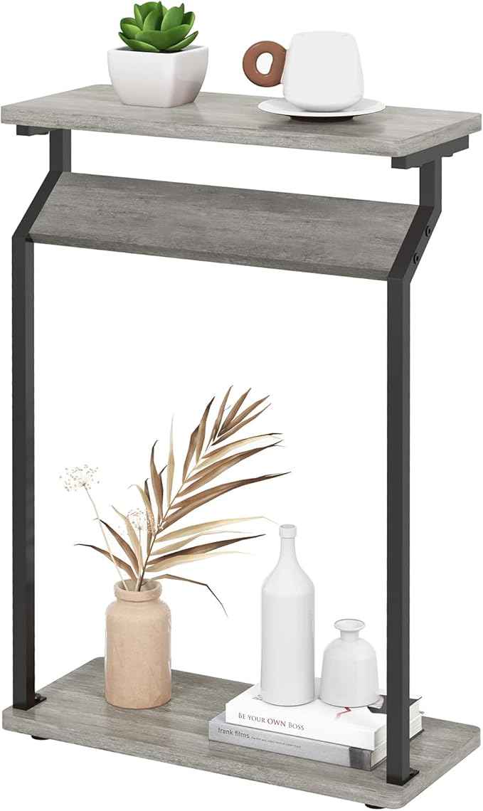 Narrow Side Table for Small Spaces, Slim Couch Tray Table, Skinny Thin End Table for Living Room, Bedroom, Grey