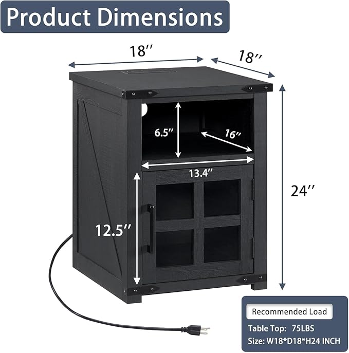 Farmhouse Nightstand with Charging Station, Rustic End Table with Tempered Glass Barn Door, Wood Sofa Side Bedside Table with Open Storage Shelf for Living Room, Bedroom (Black)