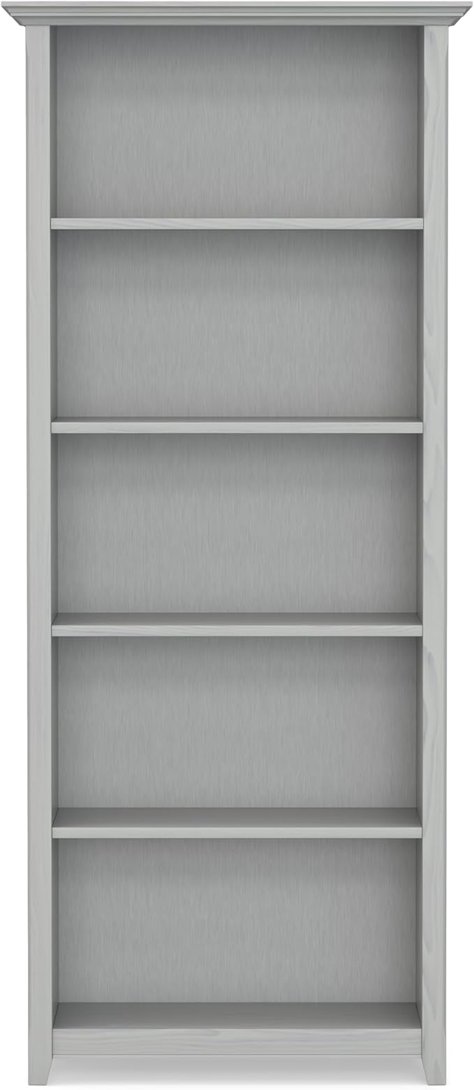 SIMPLIHOME Amherst Bookcase - 70 inch Tall 5-Shelf Solid Wood Bookshelf in Fog Grey, Transitional Storage for Living Room, Study Room or Office with Adjustable Shelves and Tapered Legs