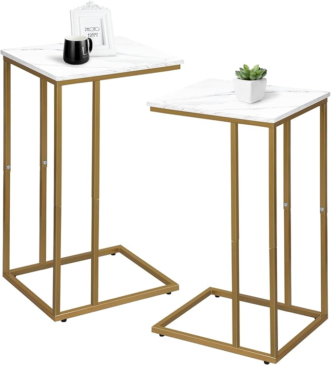 C Shaped End Table Set of 2, Small Side Table for Sofa and Bed, Couch Tables That Slide Under, Snack Side Table for Living Room, Bedroom, White Faux Marble and Gold
