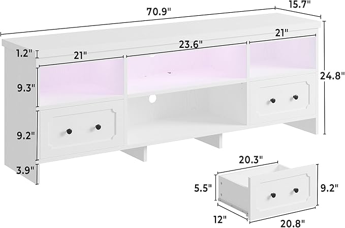 IRONCK TV Stand for 75 Inch TV, 71" LED Entertainment Center with Storage Cabinets, Power Outlets and Open Shelf, Media Console TV Cabinet with Drawers for Living Room, White
