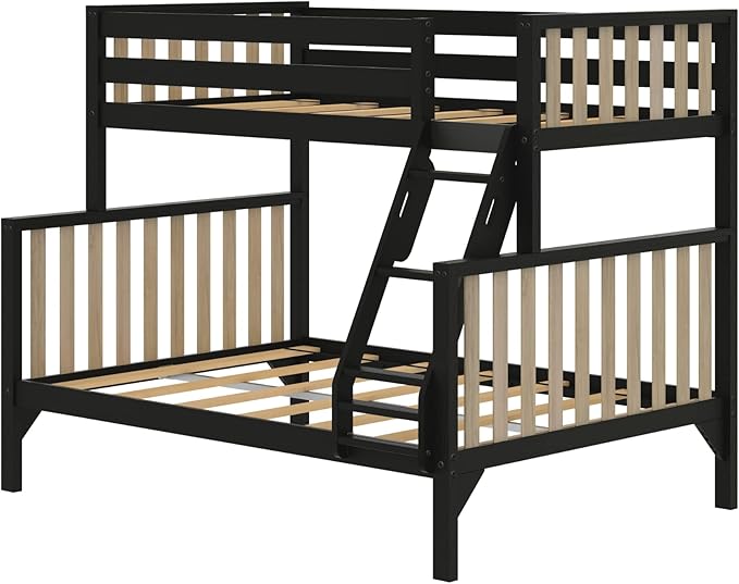 Max & Lily Bunk Bed, Scandinavian Modern Bunk Bed, Solid Wood Twin Over Full Bed Frame for Kids, No Box Spring Needed, Black/Blonde