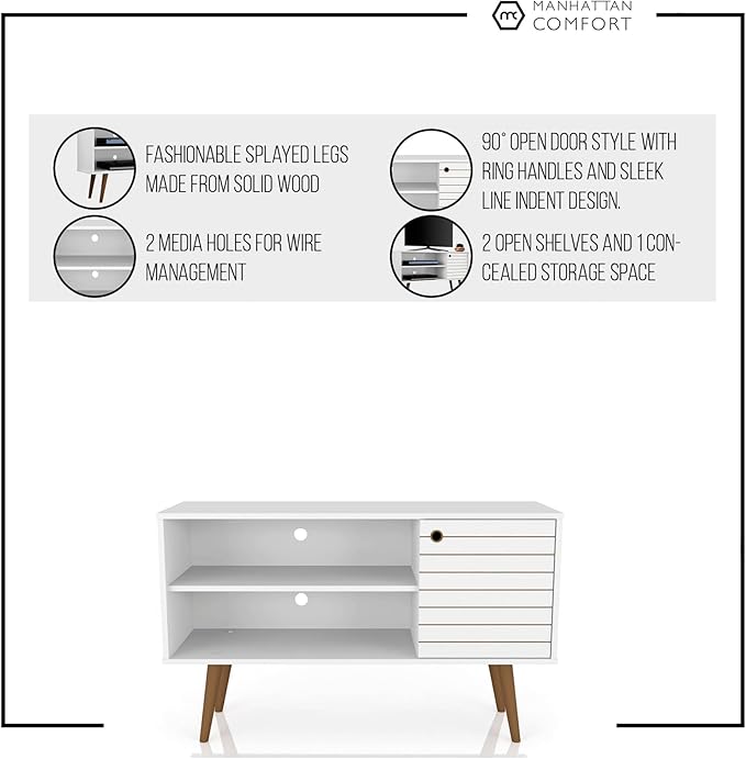 Manhattan Comfort Liberty Mid Century Modern TV Stand for Televisions up to 46 Inches, Bedroom and Living Room Entertainment Center with Storage, Shelves, and Cabinet, 43" Wide, Rustic Brown/White