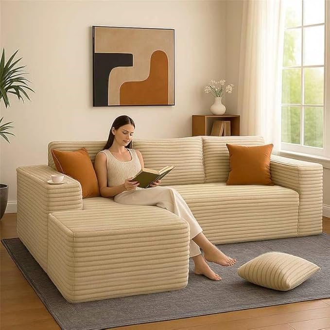 COMHOMA 105”Modular Sectional Sofa with Deep Seat,Cloud Upholstered L-Shape Couch Wide Arms Corduroy Fabric High-Density Foam Chaise Lounge for Living Room No Assembly Required