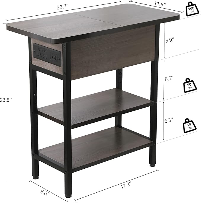 Modern End Table with Charging Station, Narrow Side Table with USB Ports & Outlets, Flip-Top Nightstand with Storage Shelf, Small Bedside Table for Living Room, Bedroom, Small Space, Charcoal Gray