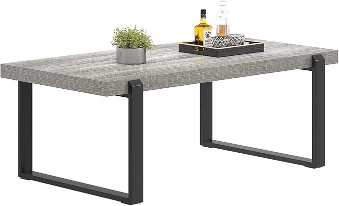 FOLUBAN Modern Coffee Table, Rustic Wood and Metal Center Table, Rectangle Cocktail Tea Table for Living Room, Light Grey, 47 Inch