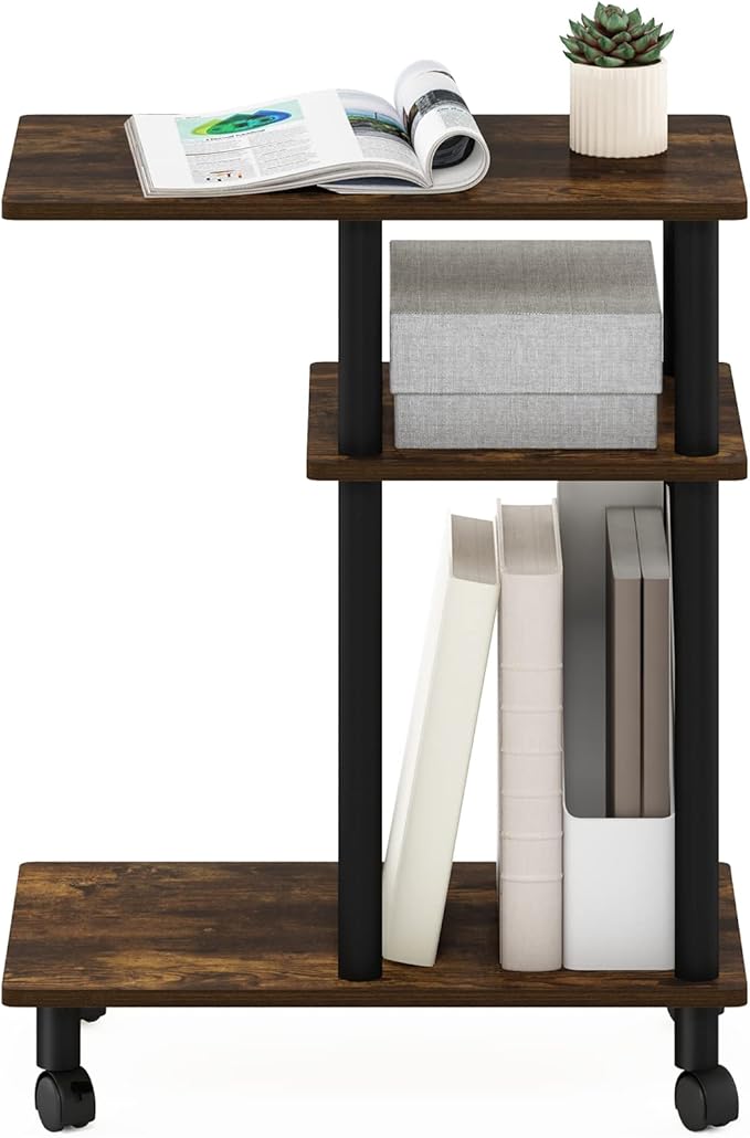 Furinno Turn-N-Tube C Shaped Side Table with Casters, Amber Pine/Black