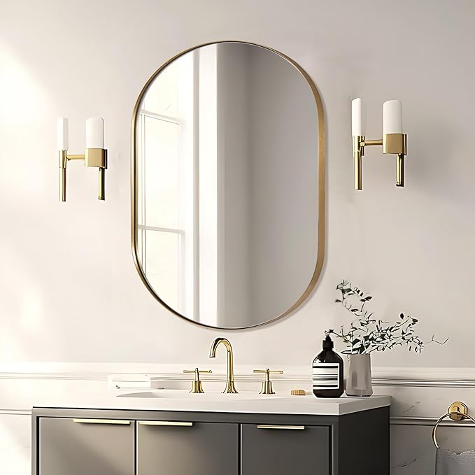 ANDY STAR Brass Bathroom Mirror for Wall, 30x40 Gold Oval Mirrors for Bathroom, Brass Oval Mirrors, Pill Shaped Mirror, Large Vantiy Mirror Stainless Steel 1’’ Deep Hang Vertically & Horizontally