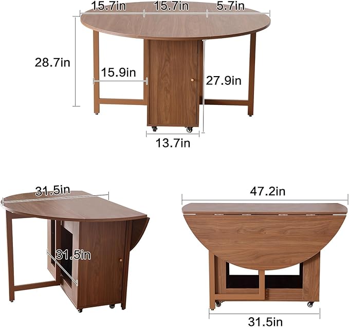 Walnut Round Folding Dining Table with 6 Chairs, Walnut Solid Wood Folding Chair Set of 2, Space Saving Foldable Dining Table with 6 Chairs