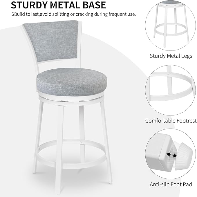 Bar Stools, Counter Height Barstools Set of 2, 25" Linen Fabric Metal Round Swivel Bar Chairs with Back, Modern Upholstered Counter Stools for Kitchen Island, Grey & White