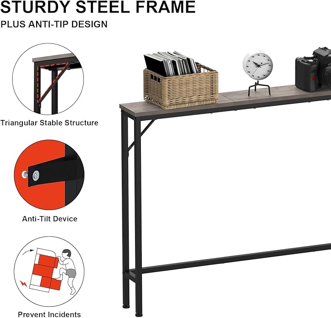 Tohomeor 5.9" Skinny Behind Sofa Console Table with Charging Station 47.2" Narrow Long Behind Couch Table with Power Outlets USB Ports Thin Entry Table for Entryway Living Room Hallway Retro Grey
