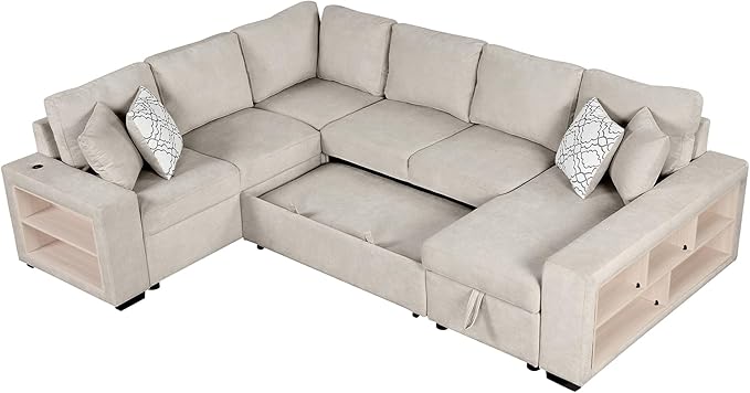 109" U-shaped Sectional Pull-out Sofa Bed with Storage Chaise,2-in-1 Convertible Couch W/ 4 Back Pillow & 2 USB Ports,Luxurious Sleeper Furniture Set for Living Room Large Space,Beige Chenille