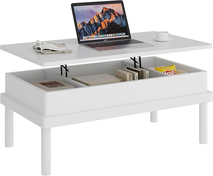 Shintenchi Coffee Table, Lift Top Coffee Table with Hidden Compartment, Rising Tabletop Dining Table, Lift Top Coffee Center Table for for Living Room, Office, Home (White)