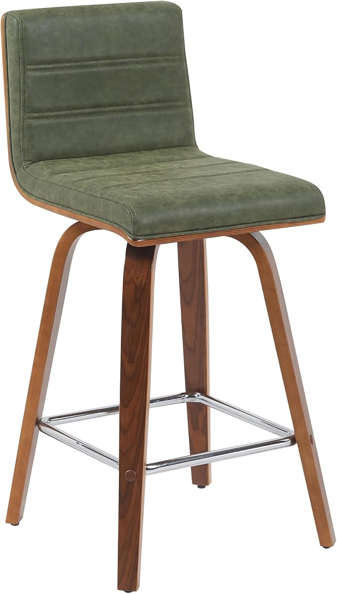 Vienna Modern Counter Height Swivel Bar Stool with Vintage Green Upholstered Seat and Walnut Finished Wood Frame Set of 2