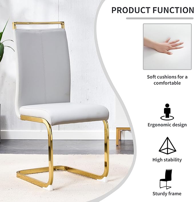 Modern Dining Chairs Set of 6,High Back Light Grey Kitchen Chairs,Faux Leather Side Chair with Gold Plated Metal Legs,Easy to Clean Upholstered Dining Chairs,Ideal for Living Room