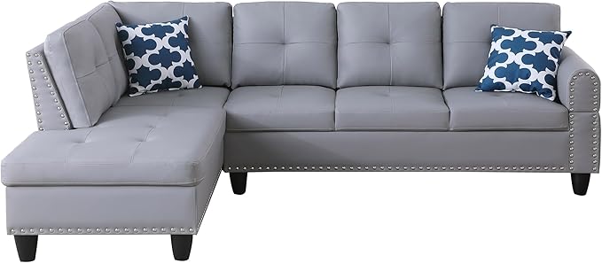 Ball & Cast 98" L Shaped Sectional Couch for Living Room,4 Seat Faux Leather Upholstered Modular Sectional Sofa Set 2 PCS with Chaise,Nailhead Trim,Cup Holders,Coffee Table and 2 Pillows for Home,Gray