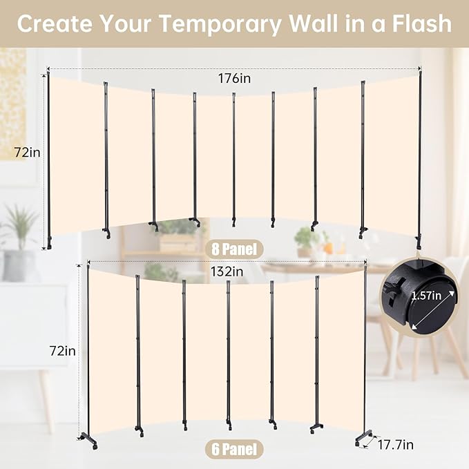 Room Divider 8 Panel Room Dividers/Wheels, Fabric Room Divider Panel for Office Room Partitions and Dividers, Portable Partition Wall Divider for Room Separation, Flexible Privacy Screen Indoor