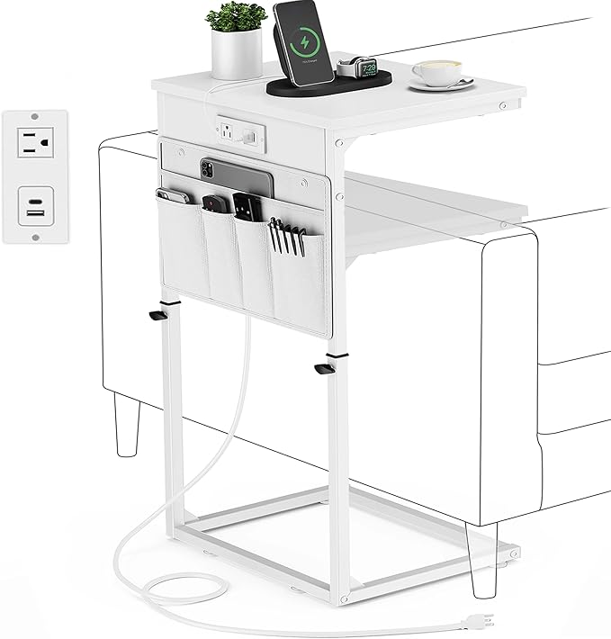 Vagusicc C Shaped End Table with Charging Station, Adjustable Height Side Table for Couch, Sofa Table Laptop Couch Side Tables, Slide Under Sofa TV Tray Arm C Tables for Living Room Bedroom, White