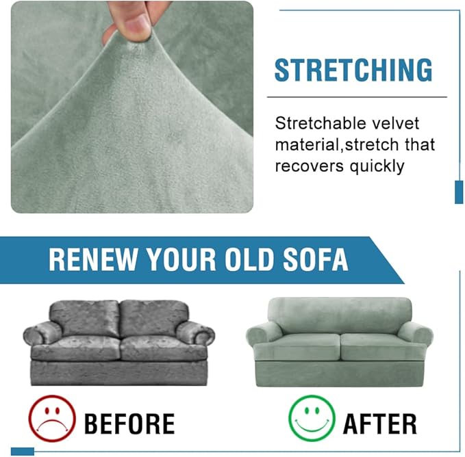 H.VERSAILTEX Sofa Cover 3 Piece T Cushion Sofa Slipcovers Thick Velvet Couch Cover Stretch T Cushion Sofa Covers for 2 Cushion Couch with 2 Individual T Cushion Covers Washable, Sea Grass