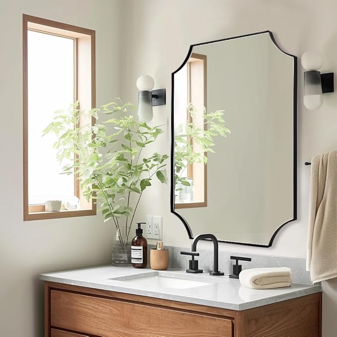 ANDY STAR 30x40 Inch Bathroom Mirror, Black Bathroom Mirror for Over Sink, Unique Rectangle Wall Mirror, Matte Black Framed Rectangular Mirror with Scalloped Edges, Ideal for Home Decor