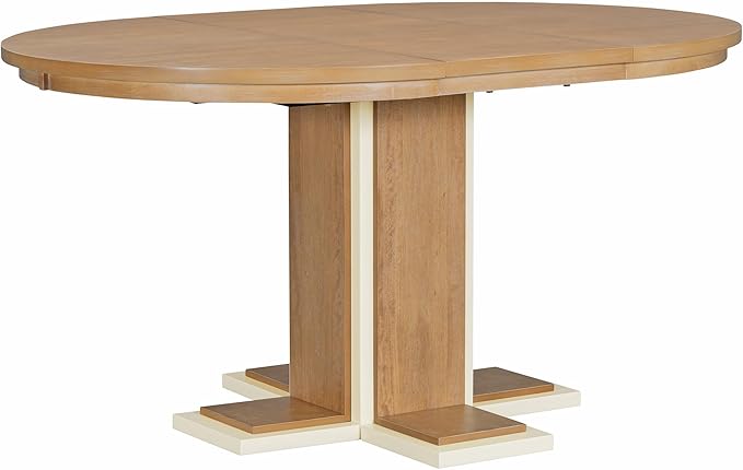 Mid-Century Modern Extendable Round Table with 16" Removable Leaf, Expandable Circular to Oval (42" to 58") Solid Wood Tabletop with Cross Design Trestle Legs for Kitchen Dining/Living Room