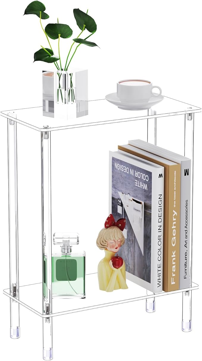 Clear Acrylic Narrow Side Table for Small Spaces, 15.75" L x 7.87" W x 19.82" H, 2 Tier Rectangle Slim End Table Nightstand, Small Skinny Bedside Table for Bedroom, Bathroom, Living Room