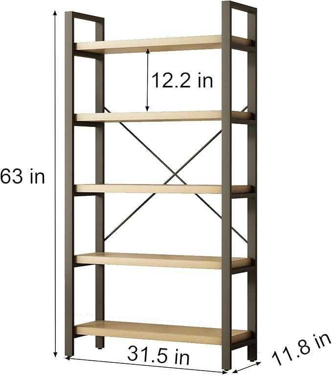 Real Solid Wood Rustic Vintage Industrial Etagere Bookshelf, Metal & Timber Free Vintage Bookcase, Retro Brown (Genuine Timber) (5-Tiers-Real Wood)