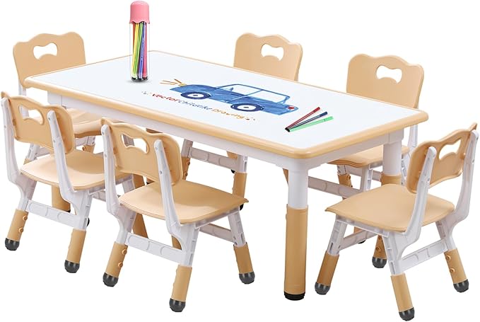 Kids Table and Chair Set Height-Adjustable Toddler & 6-Chair Set with Graffiti-Proof Desktop, Non-Slip Legs – Arts/Crafts Activity Table for Daycare Classrooms Ages 2-12