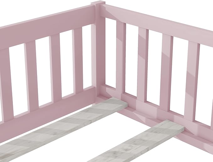 Twin Floor Bed Frame with Slats and Safety Guardrail, Wood Twin Size Montessori Floor Bed with Door and Fence, Easy Assemble Montessori Beds for Kids, Girls, Boys, Pink
