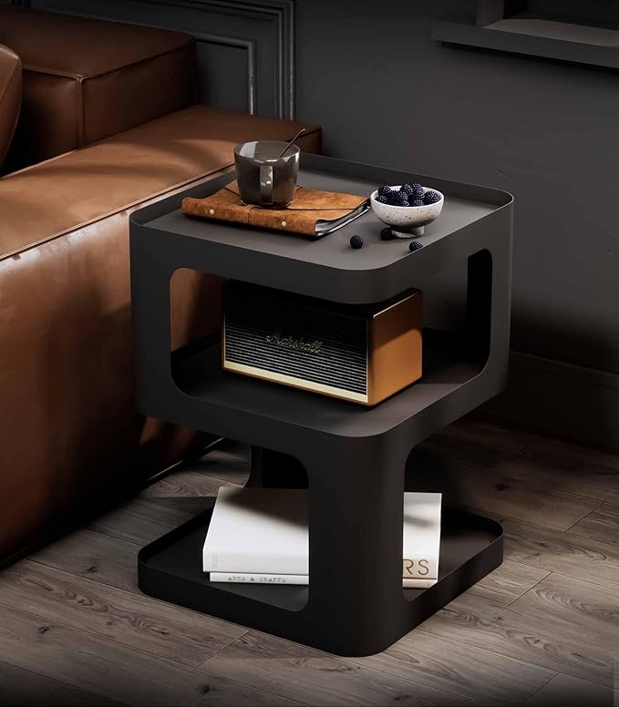 XIV Side Table, Small End Table, Modern Nightstand, Accent Bedside Table, 3 Tier Night Stands, Metal Bed Side Table for Living Room Bedroom Outdoor Entryway, No Assembly Required (Black, Square)