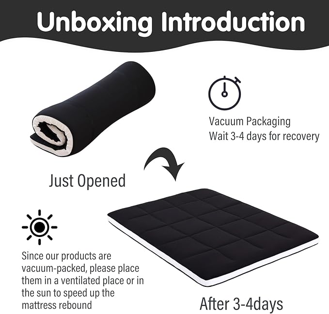 Tiita Queen Memory Foam Mattress Topper, 4" Thicken Futon Floor Mattress with Storage Bag and 2 Straps, Portable Roll Up Travel Car Camping Mattress Sleeping Pad, Black