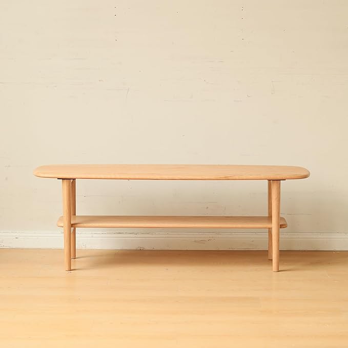 KEIKI 100% Solid Wood Coffee Table, Center Table, Modern Coffee Table with 2-Tier Storage Shelves for Living Room and Small Spacee