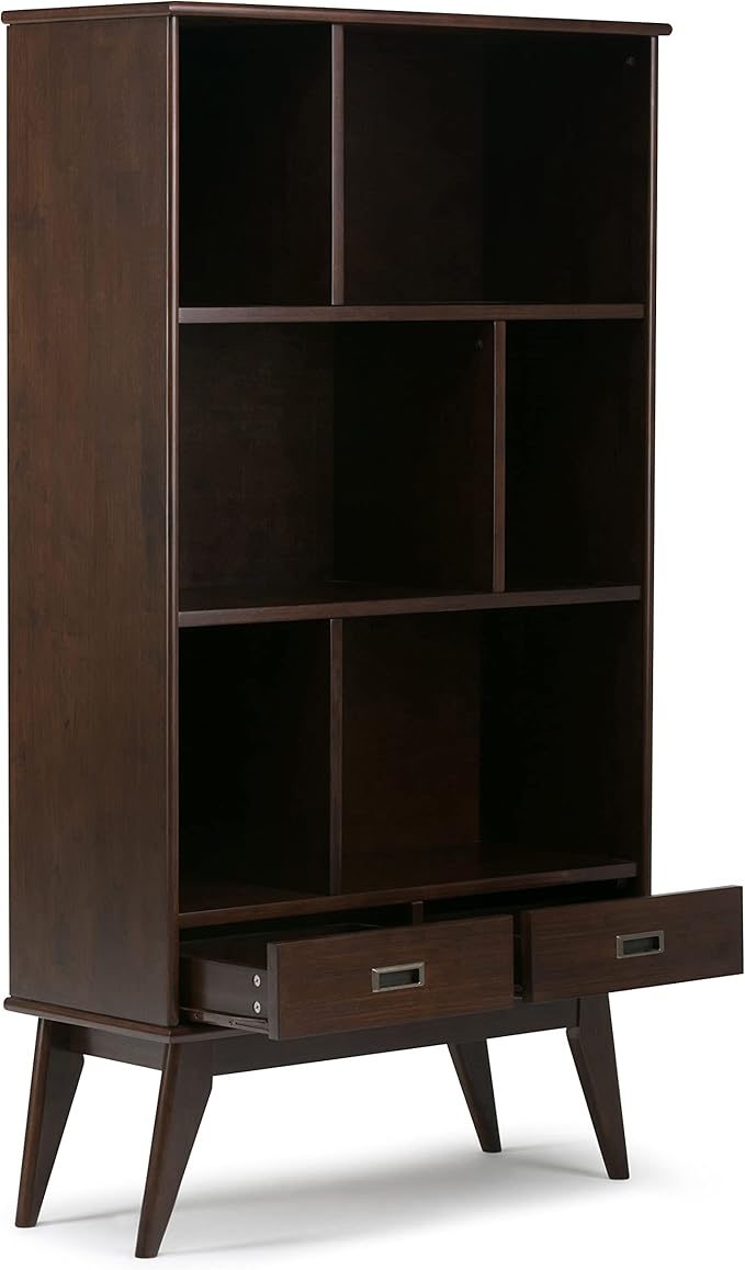 SIMPLIHOME Draper Bookcase - 64 inch Tall Solid Hardwood Wide Storage Bookshelf in Medium Auburn Brown, Mid-Century Modern Storage for Living Room or Office with Adjustable Shelves and Tapered Legs
