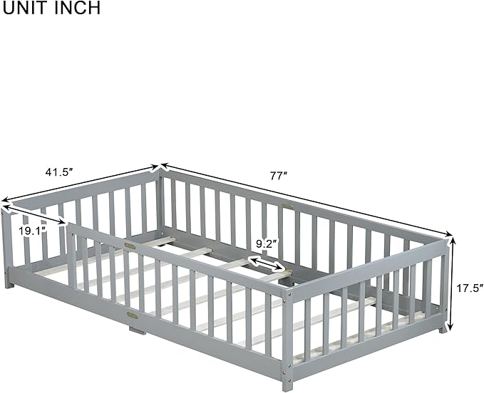 Bellemave Twin Floor Bed with Slats and Safety Guardrails, Kids Montessori Floor Beds with Fence and Without Door, Easy Assemble Floor Bed for Kids, Girls, Boys, Gary