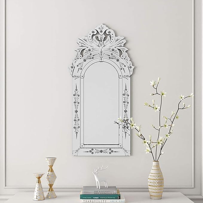 KOHROS Bathroom Vanity Mirror with Floral Etched 40" x 21" Decorative Wall Mirror Frameless Beveled Edge Bathroom Mirror for Vanity Bedroom