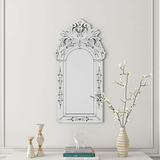 KOHROS Bathroom Vanity Mirror with Floral Etched 40" x 21" Decorative Wall Mirror Frameless Beveled Edge Bathroom Mirror for Vanity Bedroom