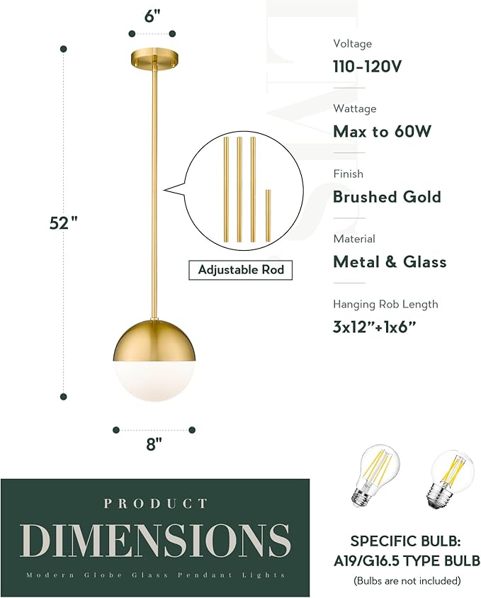 LMS Modern Pendant Lighting Gold Globe Pendant Light Fixture, Mid Century Chandelier One Light Hanging Fixture for Kitchen Island, Adjustable Indoor Lighting for Dinning Room Bedroom, LMS-187