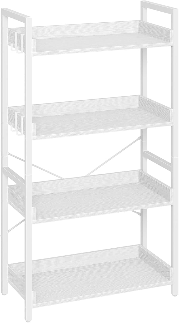 Rolanstar Bookshelf 4 Tier with 4 Hooks, Industrial Bookcase, Vintage Storage Rack with Open Shelves, Rustic Standing Bookshelves Metal Frame Display Rack for Living Room, Bedroom, White
